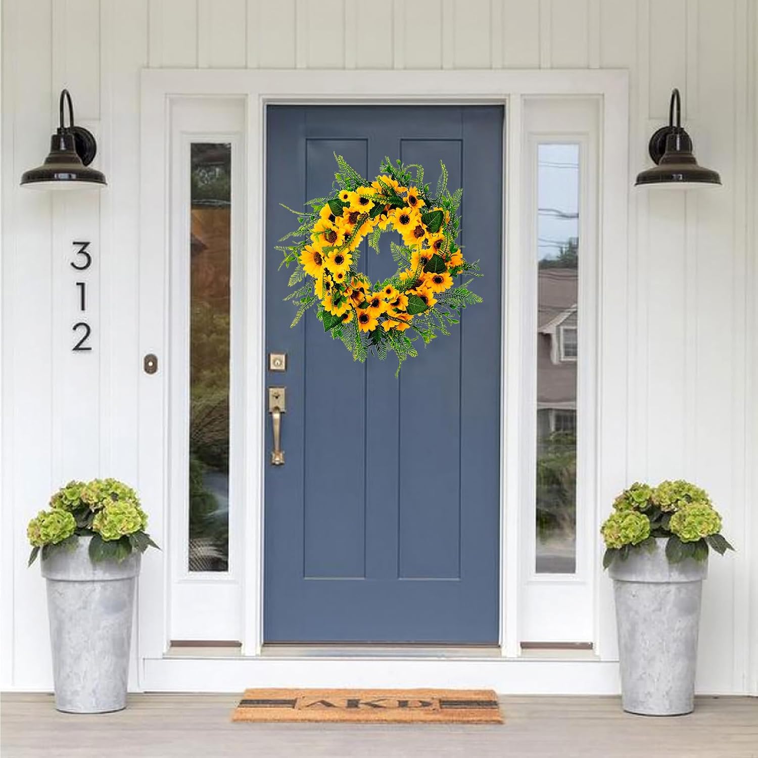 MINGZHE Spring Wreath for Front Door, Artificial Sunflower Wreath, Front Door Wreath with Sunflower Daisy and Green Leaves, Fake Flower Wreath for Windows Outdoor Indoor Decor