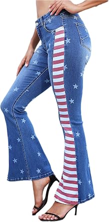 Womens Ripped American Flag Bell Bottom Jeans High Waisted Frayed Raw Hem Casual Slim Denim Pants