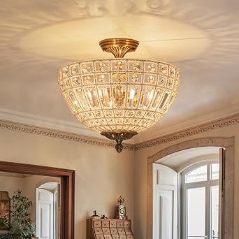 Crystal Semi Flush Mount Ceiling Light, 3-Light Antique Gold Flush Mount Chandelier with Hand-Strung Crystals, E12 Base Vintage Hallway Light Fixture for Entryway, Bedroom, Dining, Kitchen