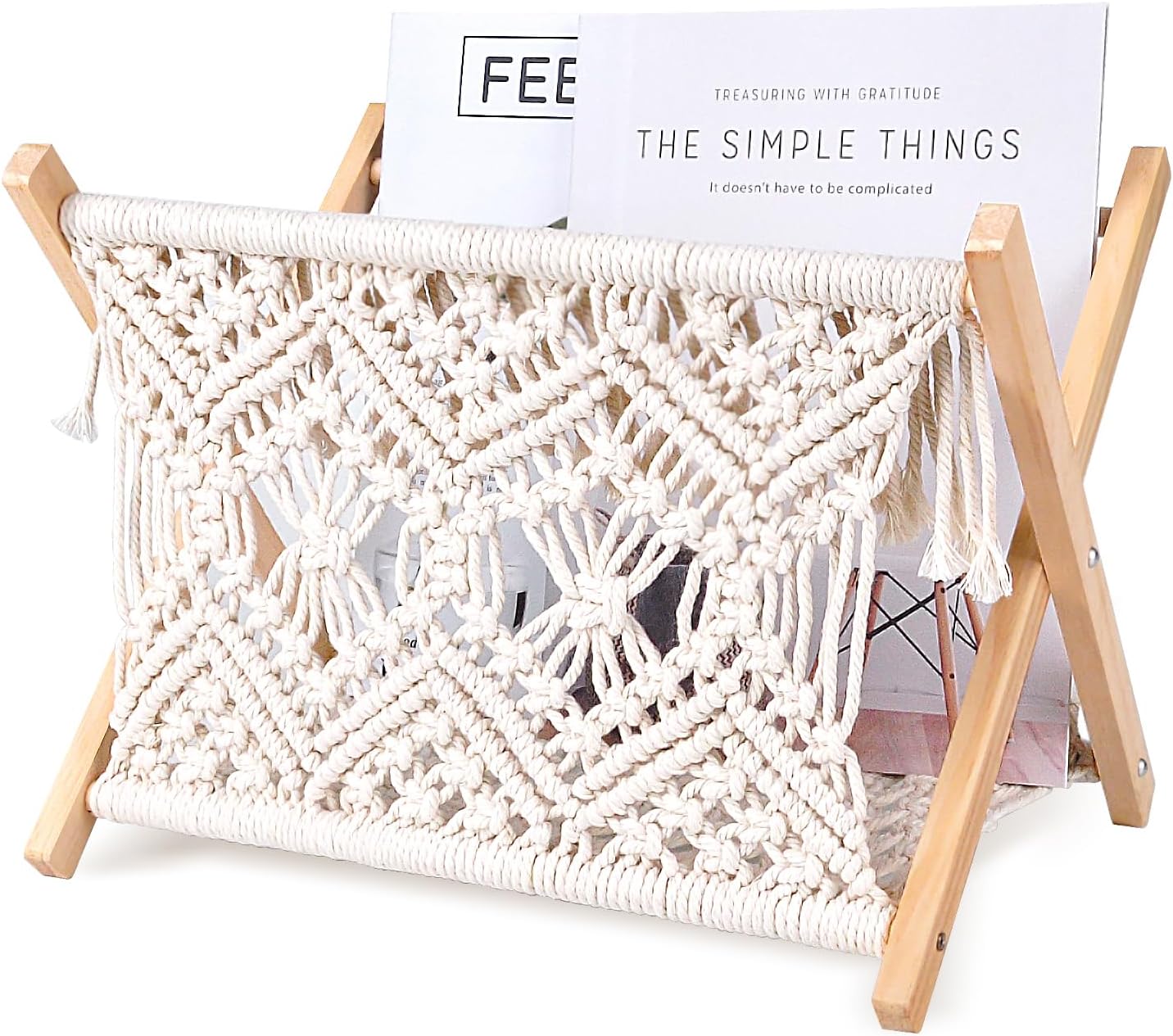 Boho Magazine Holder Standing Basket Macrame Woven Storage Rack Organizer for Book Shelf Newspaper Office, Nursery, Dorm, Living Room Decor Furniture Bedside, Sofa, Table, Floor, Medium Size Natural Medium