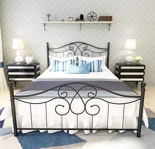 Miniatura 12 de TUSEER Base de cama de metal tamaño Queen con cabecero vintage y base de plataforma de estribo, marco de cama de hierro forjado (Queen, marrón