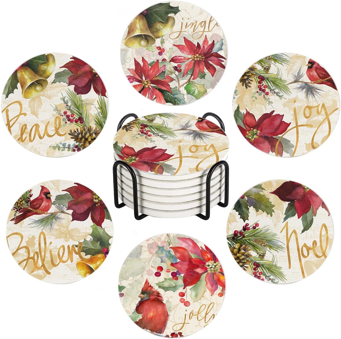 6Pcs Vintage Coasters with Metal Holder, Middle Earth Map Absorbent Square Ceramic Stone Mat Coaster, Drink Coasters Cup Mats for Bar Party Home Office Table Decor Warming Gift