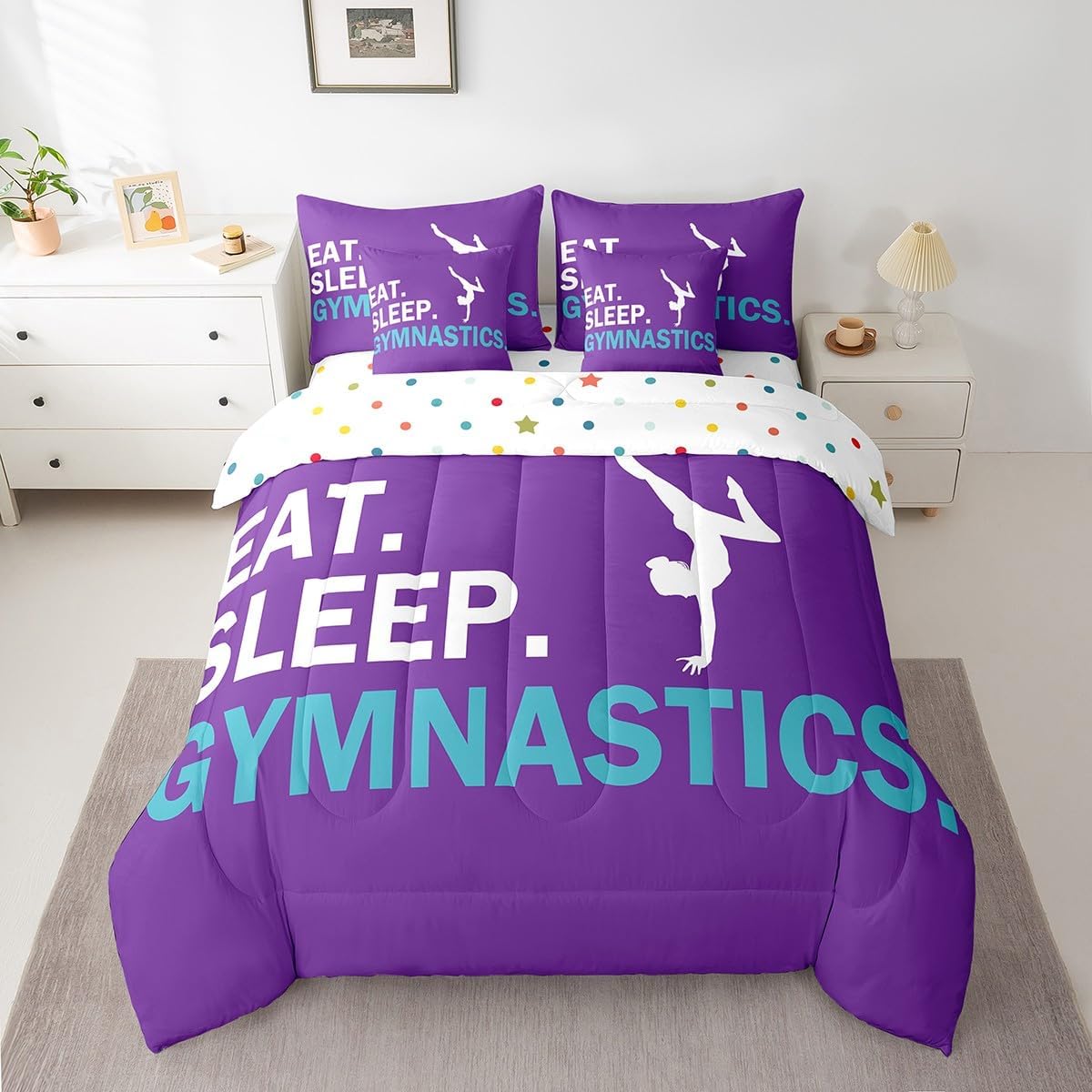 Feelyou Gymnastics Bedding Set Twin Girls Gymnastics Lovers Comforter Set 7 Piece for Kids Women Ultra Soft Sports Bedding Twin Comforter Set Girly Purple Bed in a Bag Room Decor Bed Set