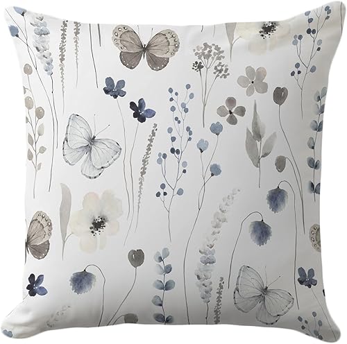 CarOptics Funda de almohada floral primaveral de 18 x 18 pulgadas, diseño de mariposas y botánicos, funda de cojín decorativa rústica para el hogar