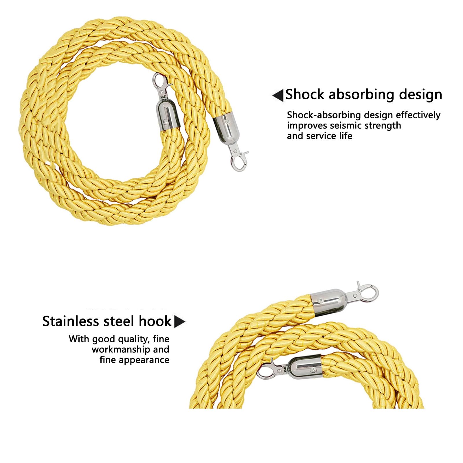 Corde de barrière jaune de 2 m – Corde de contrôle de foule de qualité supérieure avec crochet argenté pour événements, hôtels et gestion de ligne – Disponible en options de 0,6 cm
