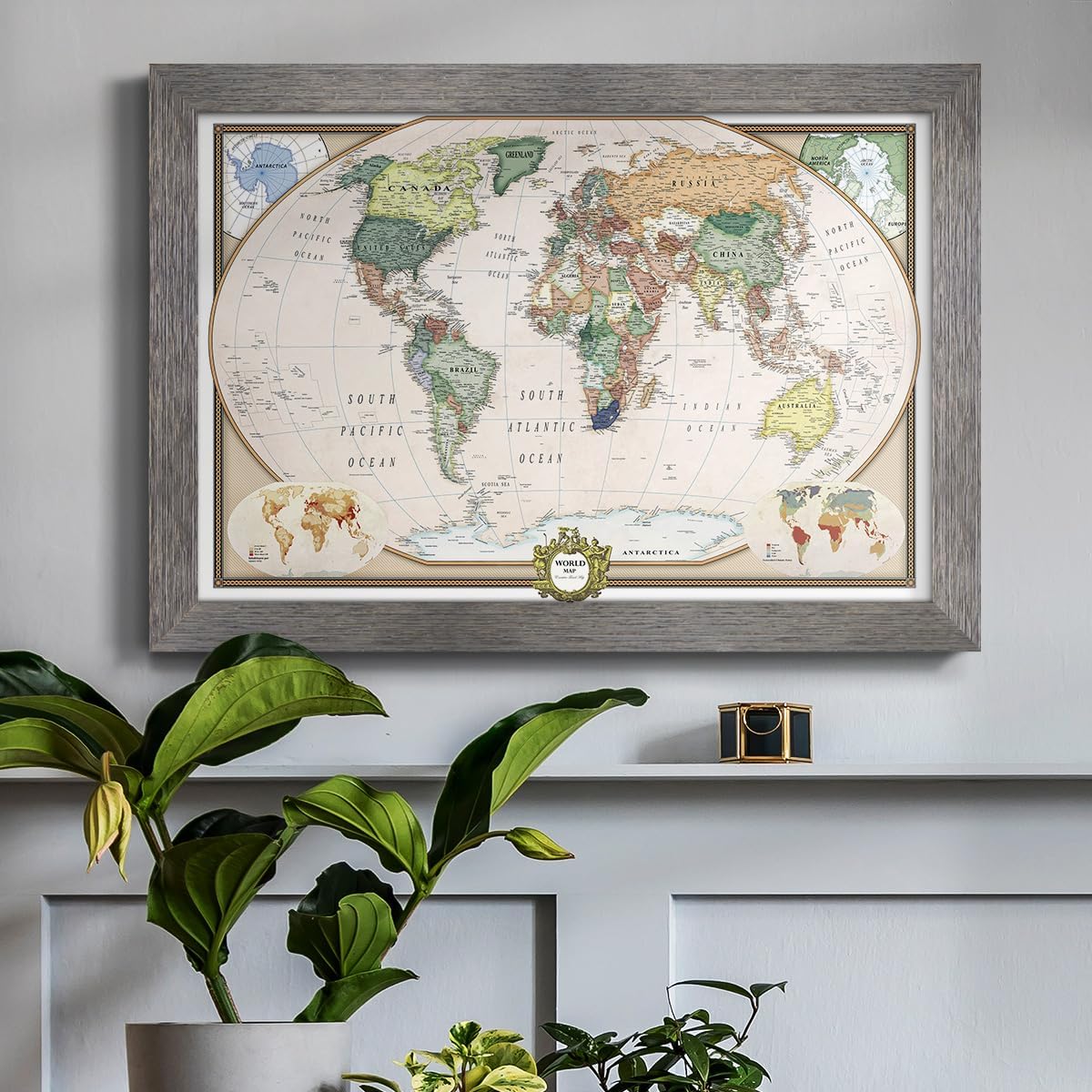 Renditions Gallery Colorful World Map Canvas Wall Art with Silver Wood Frame Wall Hanging Travel Map with Push Pins for Living Room, Bedroom, Office Room image 2