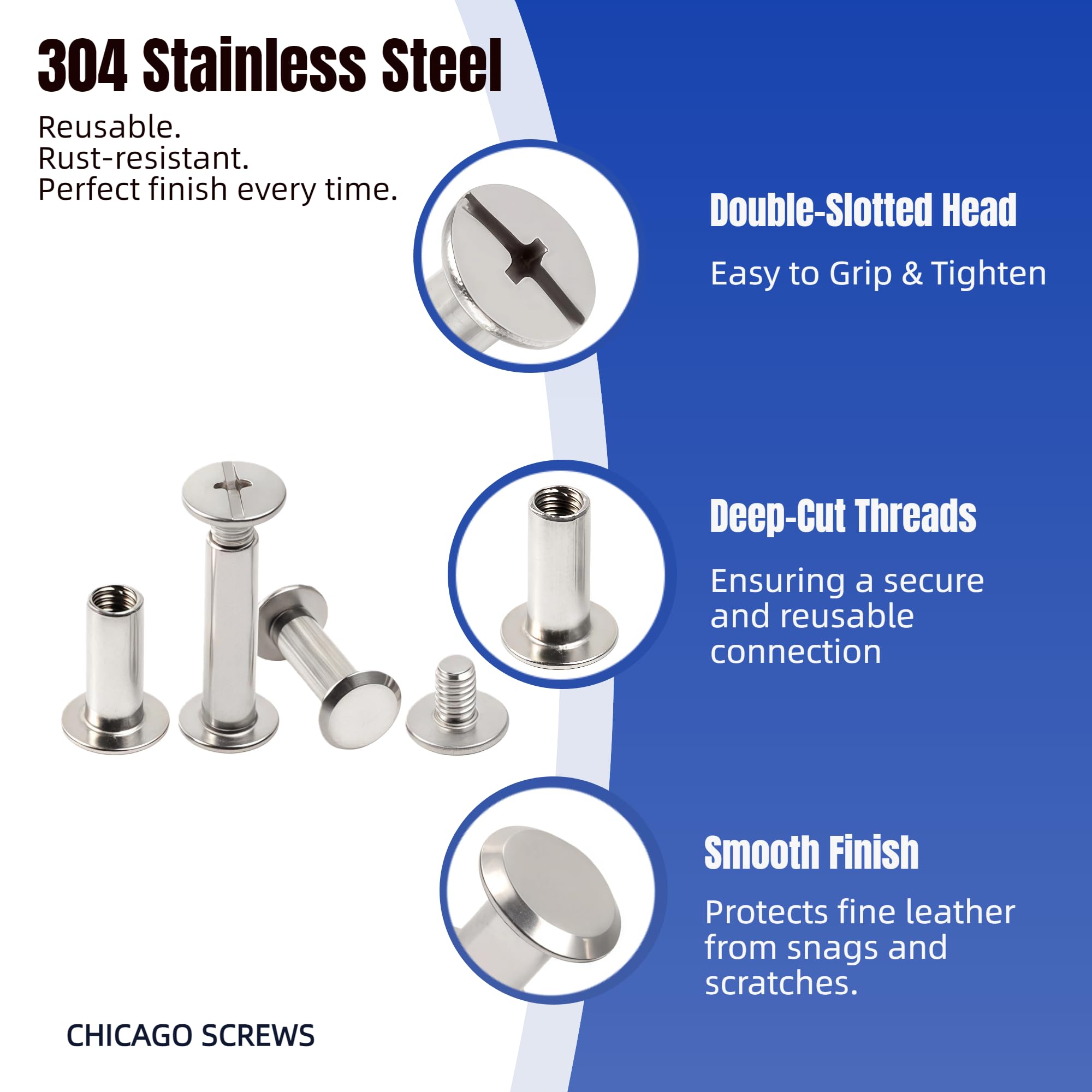Chicago Screws Kit - 60 Stainless Steel for Leather Crafts -6