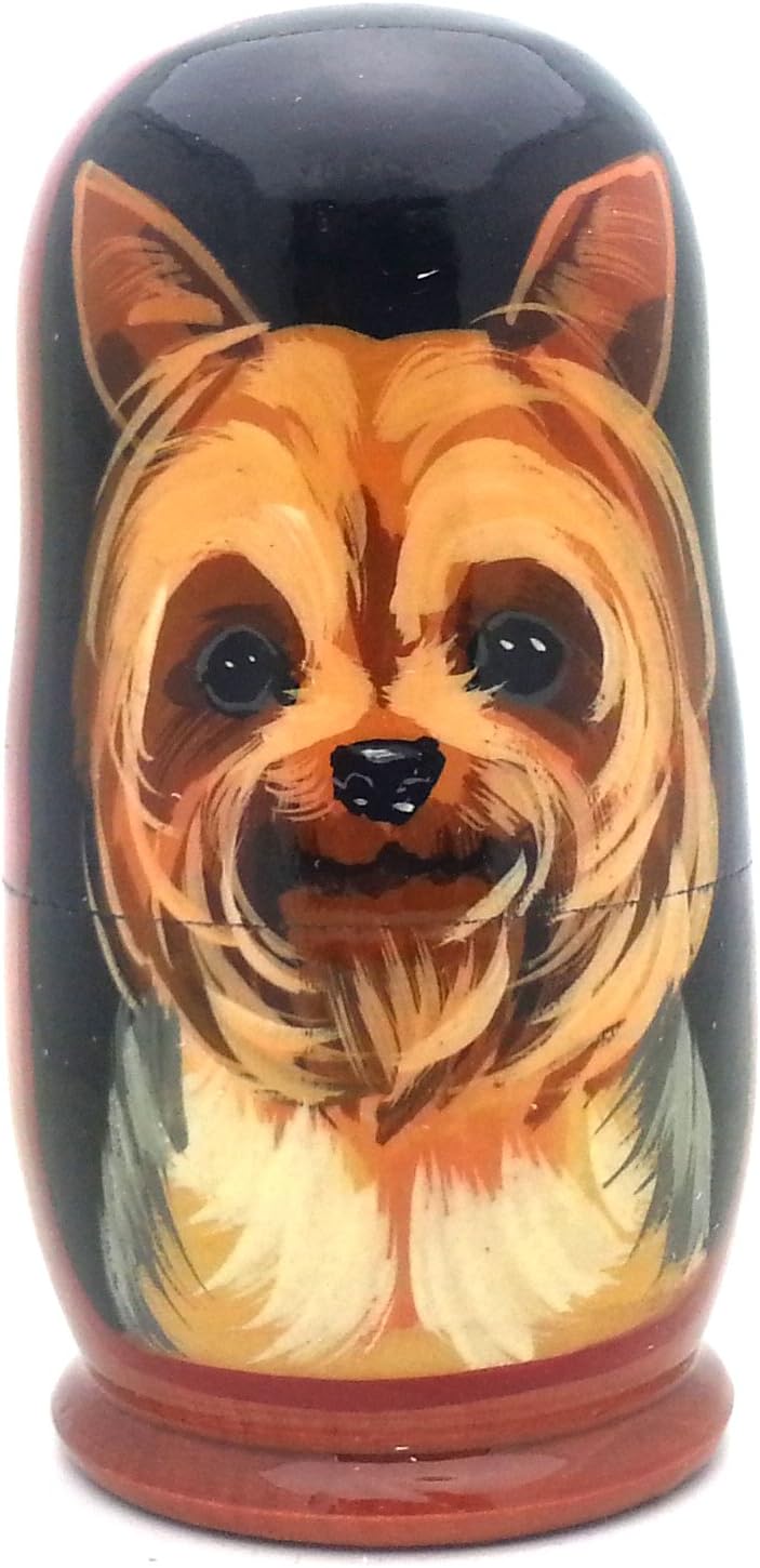 Dog Yorkshire Terrier Puppy Nesting Dolls Russian Hand Made 5 Piece Matryoshka Set Yorkie 7 inch Tall