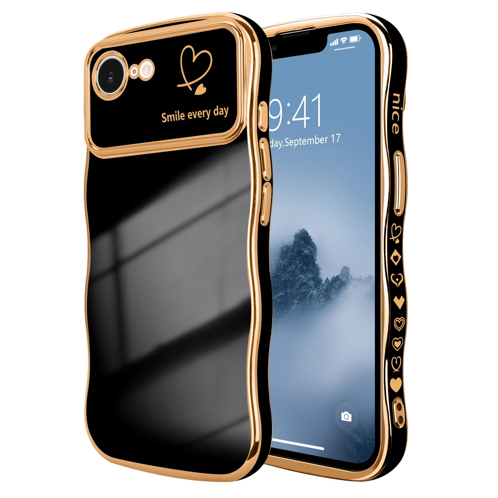 LCHULLE iPhone 17e/16e 用 ケース ウェーブ おしゃれ 滑り止め 韓国 可愛い ハート柄 メッキ加工 軽量 耐衝撃【ブラック】