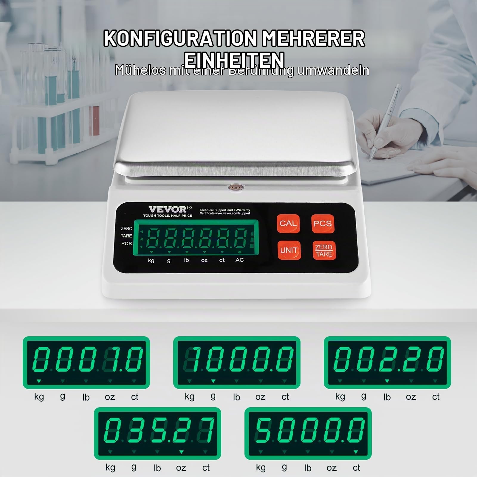 VEVOR Industrielle Zählwaage, 10 kg x 0,1 g, digitale Waage für Teile und Münzen, g/kg/lb/oz/ct-Einheiten, elektronische Präzisionswaage, Inventarzählwaage, Küchenschmuckzählwaage mit LED-Bildschirm