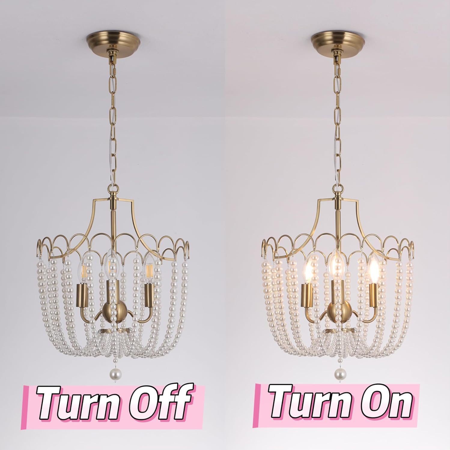 3-Light Gold Pearl Chandelier for Kitchen Island, Elegant Beaded Chandelier for Bedroom, Small French Country Chandeliers, Hand-Forged Half-Drum Luxury Light Fixture for Entryway, Hallway