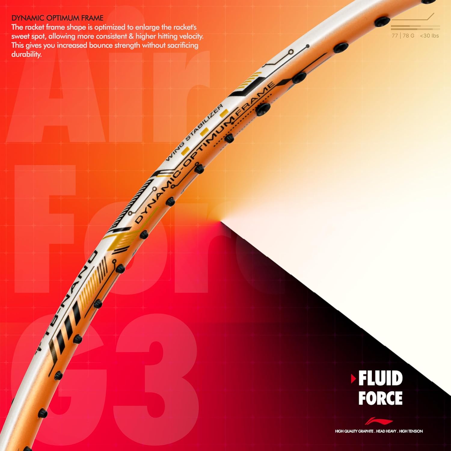 LI-NING Air - Force 78 G3 Strung Carbon Fibre Badminton Racquet (78G G6) (White/Orange/Black)