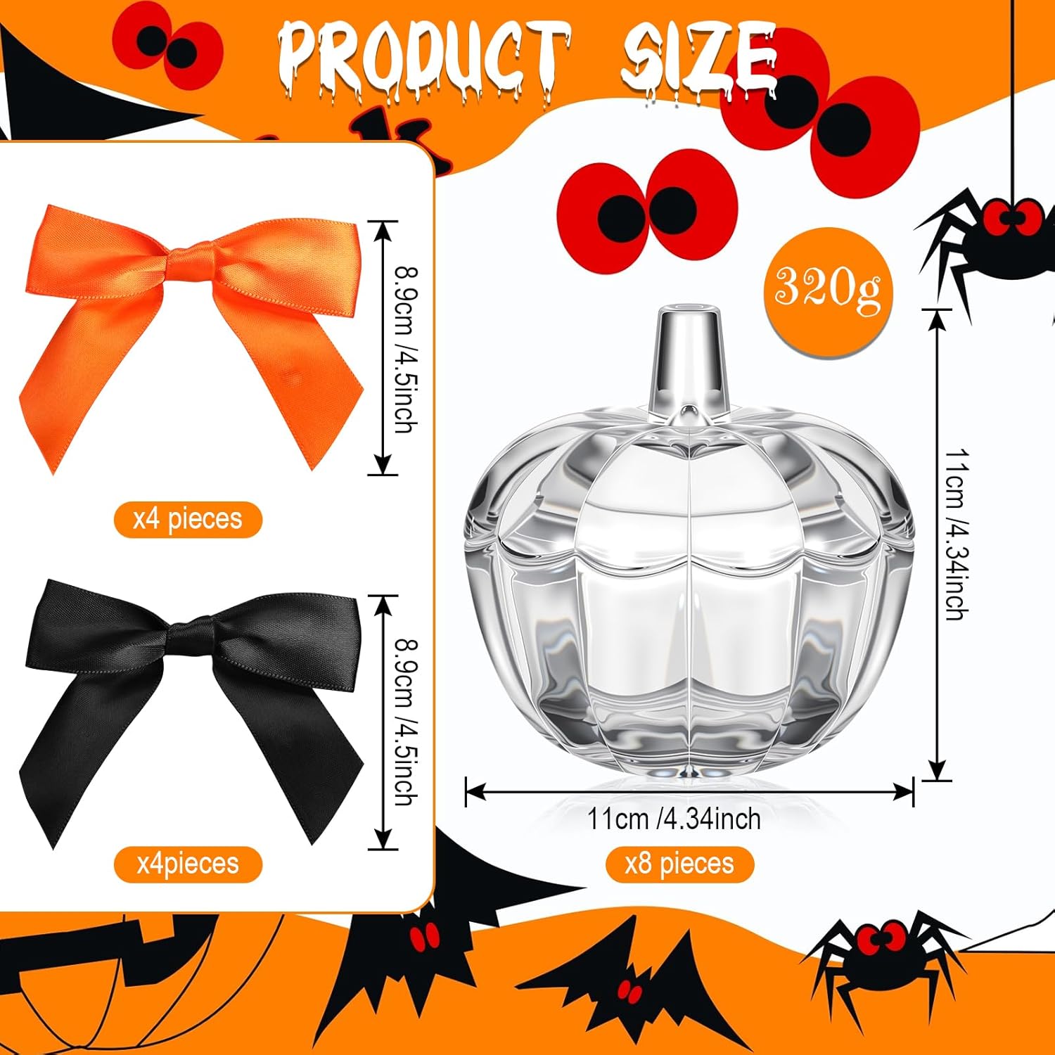 Mimorou 8 Set Glass Jars with Orange Black Bow for Candy Bowl Jars with Cover Transparent Target Glass Dish 6 oz Jewelry Cookie Snack Box for Christmas Home Wedding Gift