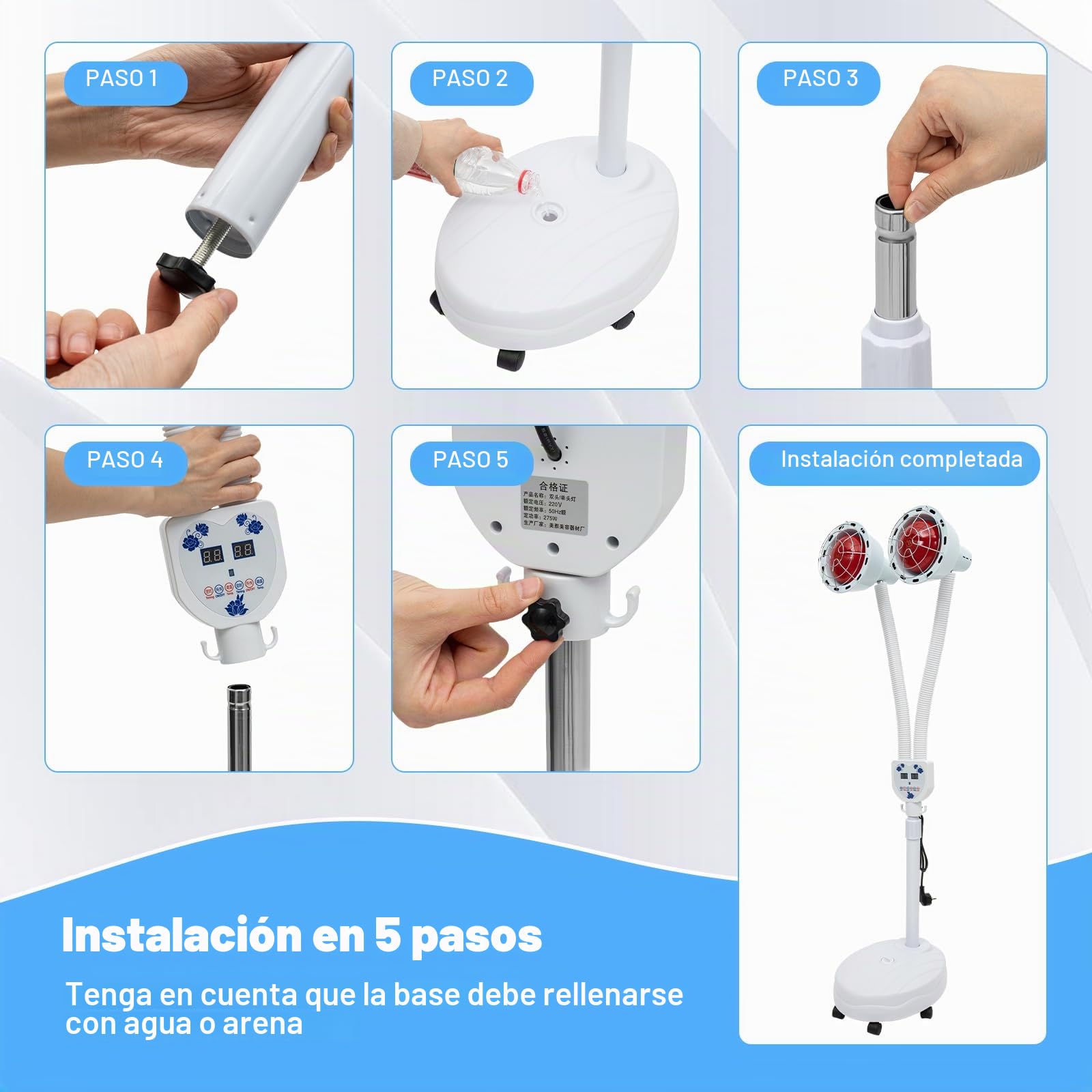 Lámpara de infrarrojo de doble cabeza, 275 W, lámpara de calor y luz, con soporte ajustable y giratorio 360° para mejorar la circulación sanguínea