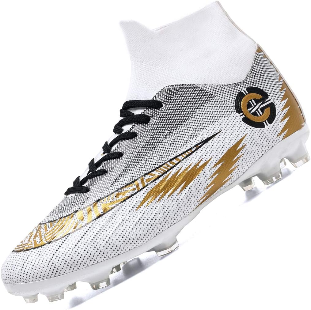 Donbest Mens Football Boots Cleats Professional Spikes Soccer Shoes Competition/Training Boy's Sneakers, White, 4 UK