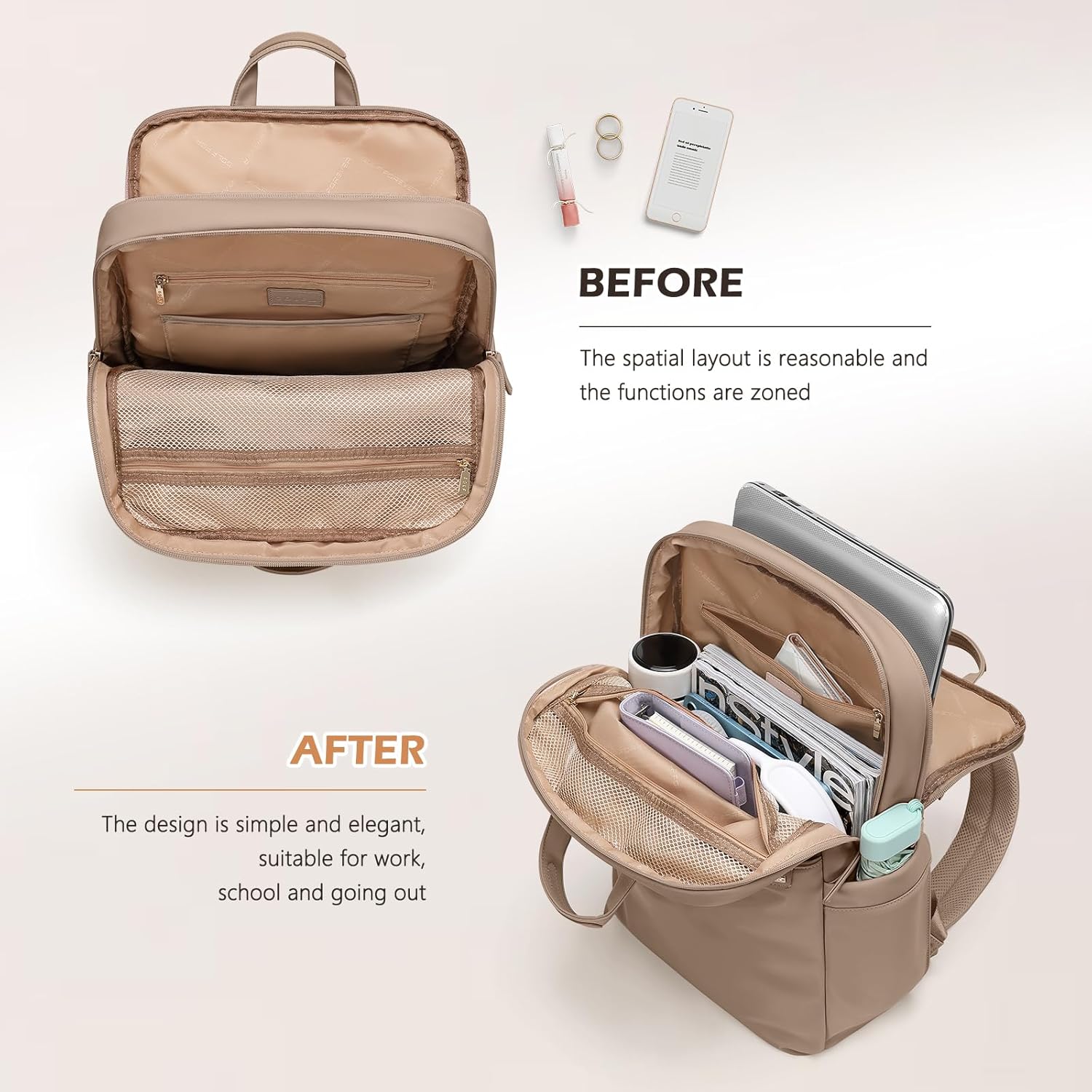 Slim Laptop Backpack for Women, Lightweight Business Backpack for Women Computer Bag Purse for Commuting, Fit 14Inch,Champagne Brown - Image 3