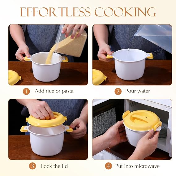 Microwave Rice Cooker, Portable Microwave Steamer for Vegetables, Pasta, Soup, Grains - Container for Small Kitchens, Dorms or Offices, BPA Free, Dishwasher Safe, Yellow