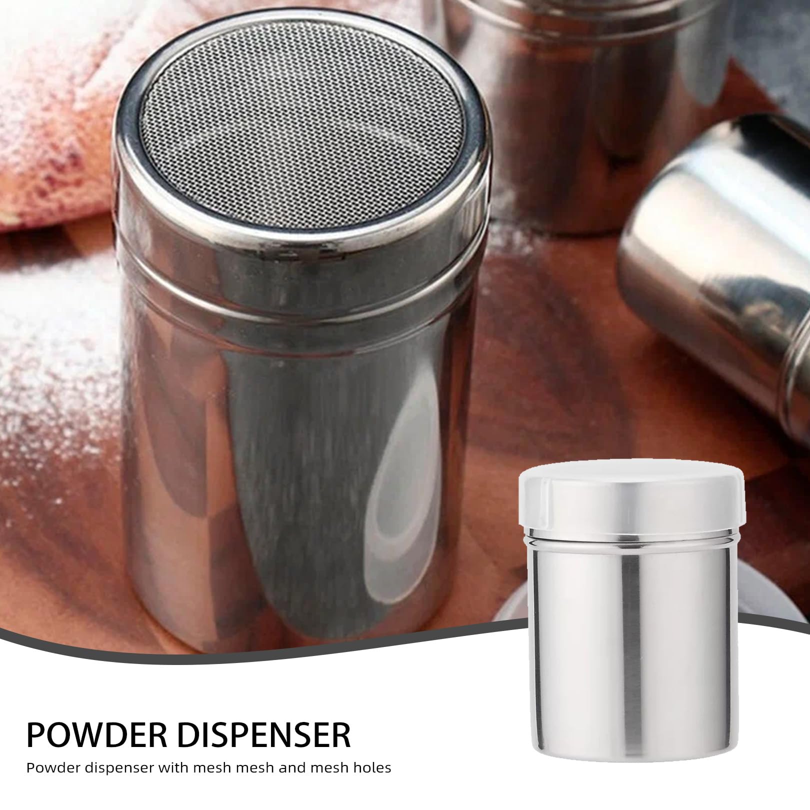 Saupoudreur de cacao et de sucre en poudre, saupoudreuse à farine, sucre en poudre, pratique avec couvercle pour cacao, farine, cannelle, plus encore, cappuccino, café, pâtisserie, tamis à structure