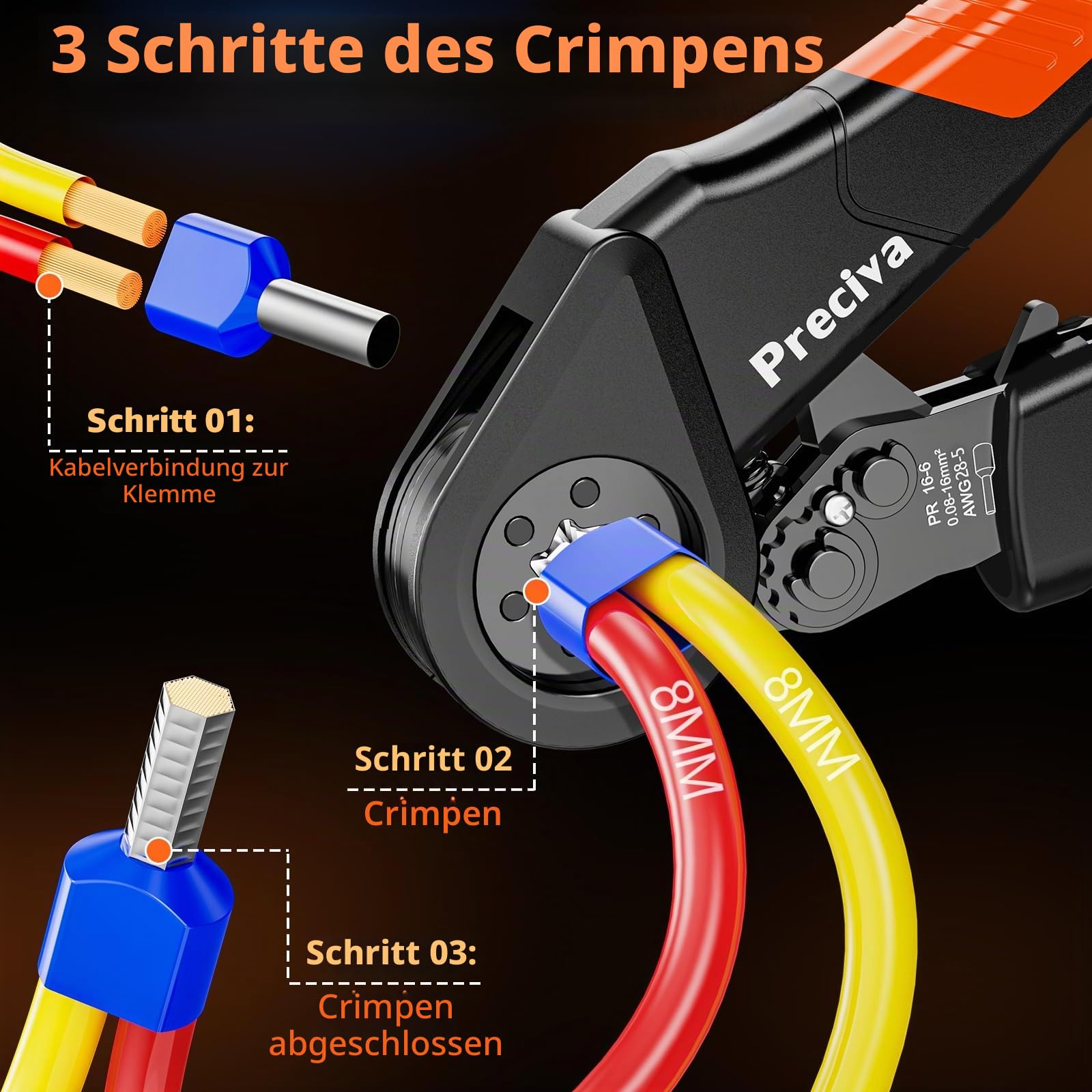 Crimpzange 0,08–16 mm² mit 1300 Stück Crimpverbindern (350 Doppeldrahtklemmen), Preciva Hexagon Crimper mit Koffer, Selbstadjsutable Ratsche Crimpzangen-Set für isolierte/unisolierte Kabel