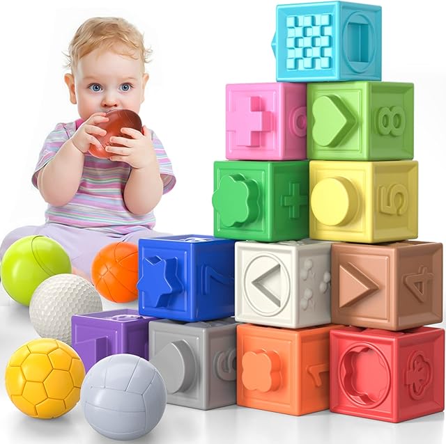 Doloowee 18 PCS Baby Blocks Soft Building Blocks Baby Toys, Baby Blocks Teether Sensory Toys Montessori Educational Soft Stacking Toys with Numbers Animals Shapes Textures for Toddlers Infant