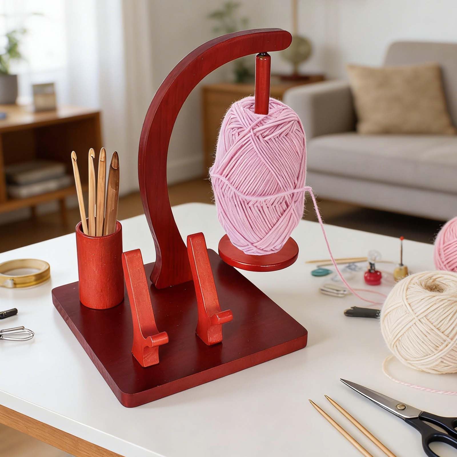 Supporto in Legno per Fili,Porta-Gomitolo con Supporto per Telefono,Magnetico Multifunzionale per Lana, Raccoglitore per Fili da Uncinetto e Lavoro a Maglia