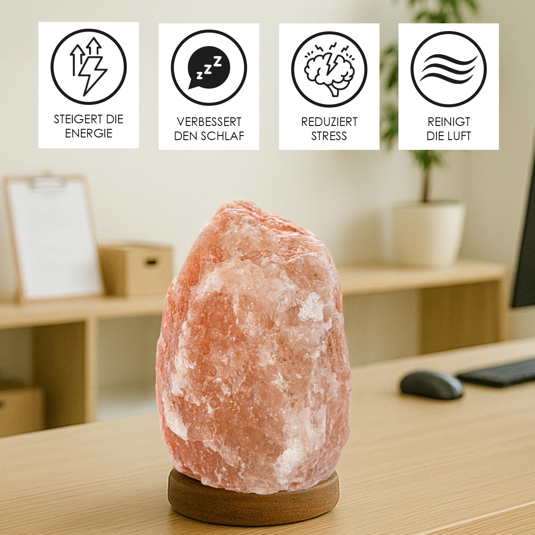 Fisura - Salt Range Pakistan Lamp. Gewicht von 2 bis 3 kg, mit Holzbasis, Kabel und 15W Glühbirne. Entspannende Lampe für Schreibtisch und Nachttisch. Originelles Geschenk, Rosa