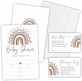 Kit de convite para chá de bebê Boho Rainbow incluído, convites com envelopes, bilhetes de sorteio de fraldas (25 peças cada), cartões de pedido de livro para anúncio de bebê, lembrancinha de festa