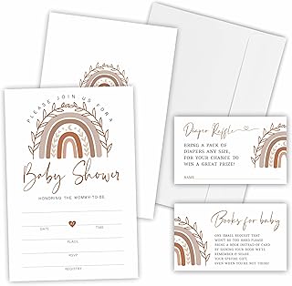 Boho Rainbow Baby Shower Invitation Kit, Included Invites With Envelopes, Diaper Raffle Tickets(25 Pcs Each), Book Request Cards For Baby Announcement, Gender Reveal Party Favor And Supplies-A02