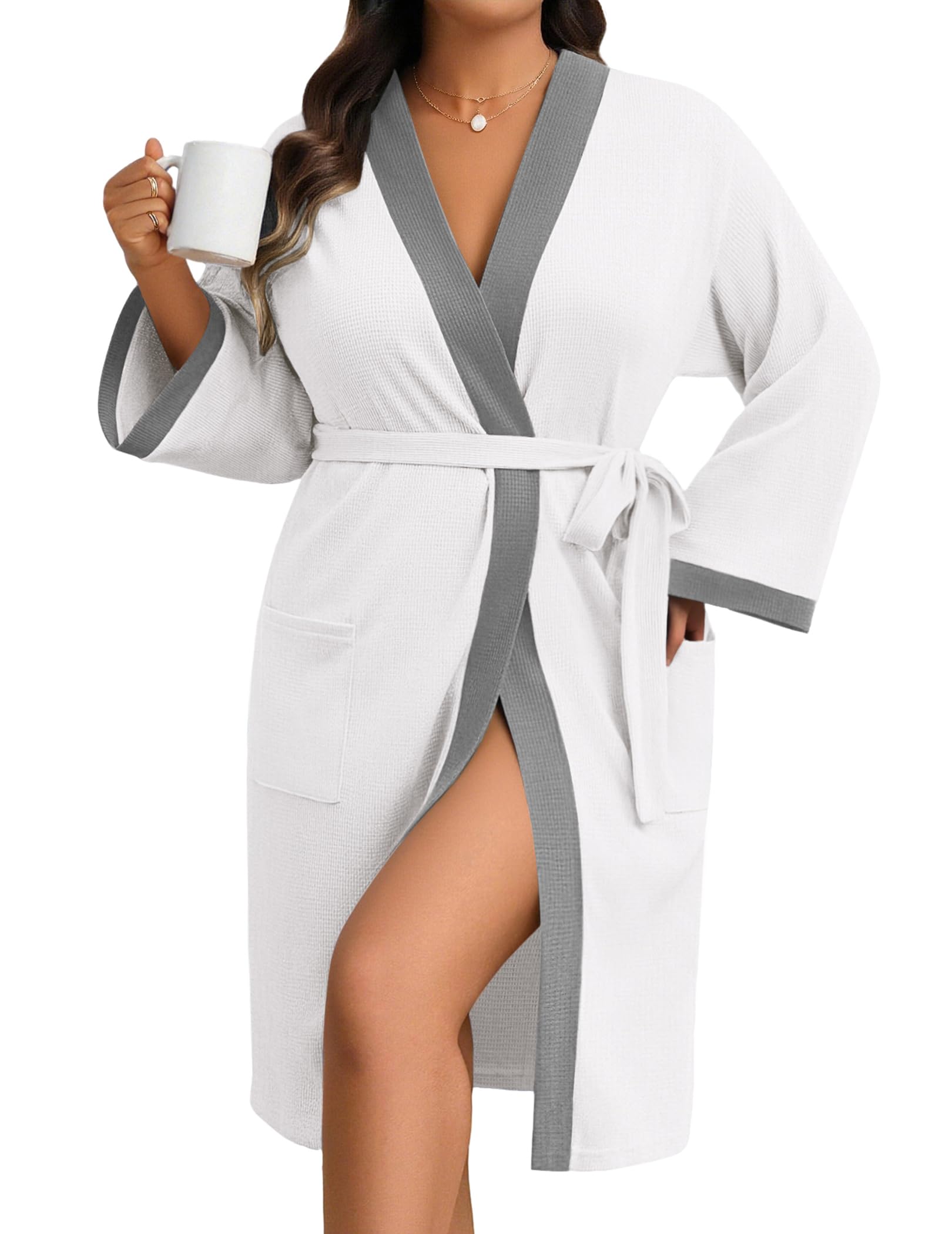 Ekouaer Plus Size Robe for Women Waffle Knit Bathrobe Short Lightweight Kimono Robes with Pockets Maternity Robe S-XXL