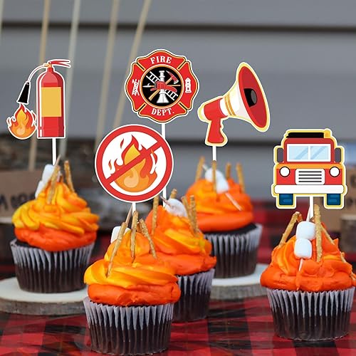 Miniatura 5 de Whaline 72 piezas de decoración para cupcakes con temática de bombero, 12 diseños, camión de bomberos, palillos de cupcake de bomberos, rescate de