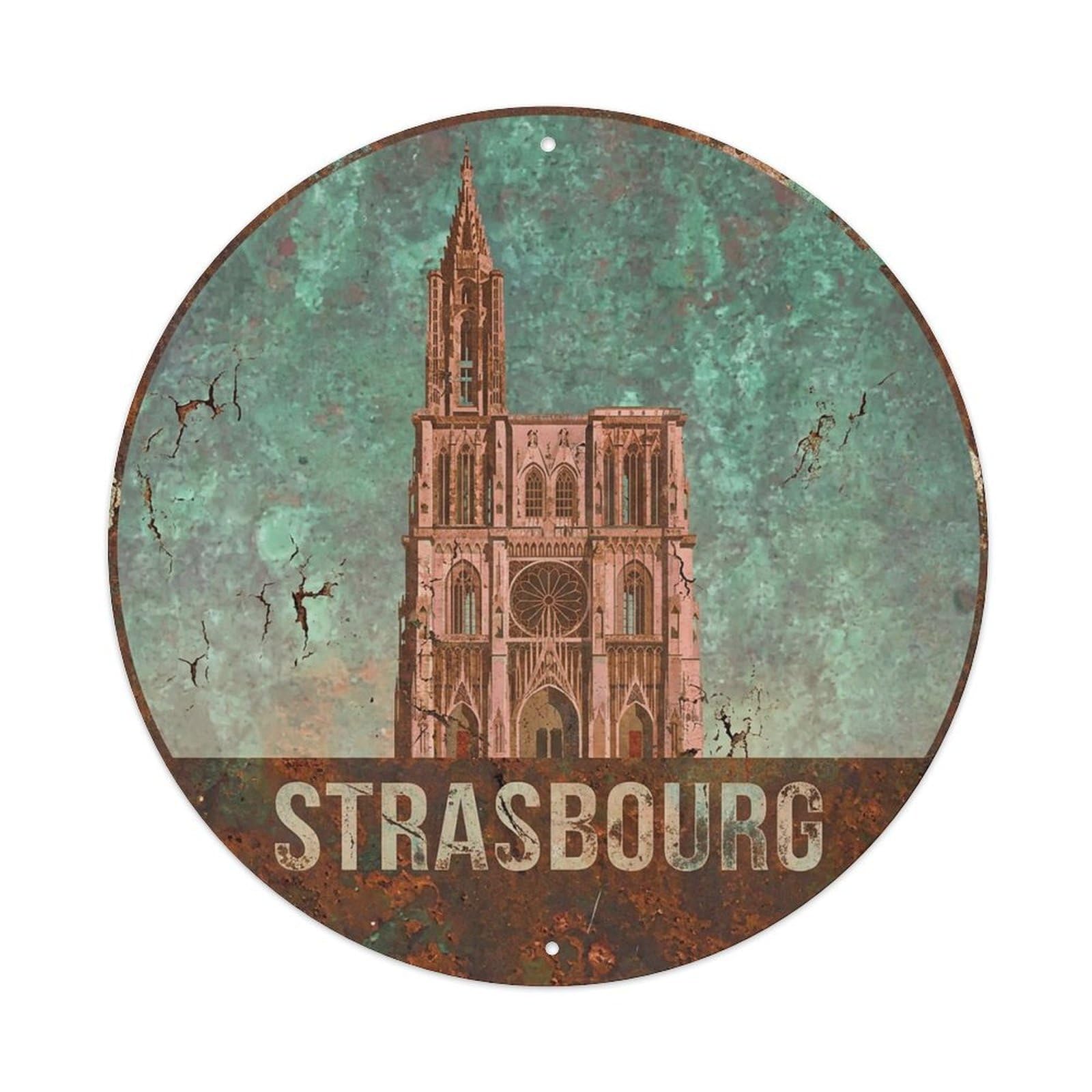 Vintage Travel France Strasbourg Vintage Metal Tin Sign Plaque Wall Decor for Cafe, Club Bar, Office, Garden Metal Poster 8x8Inch