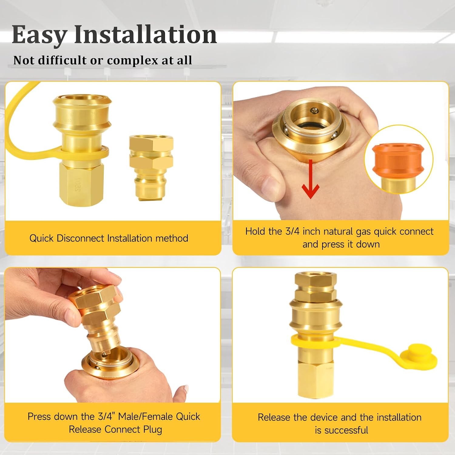 3/4 inch Natural Gas Quick Connect Fittings, 3/4 Male and Female Natural Gas Quick Connect, Brass Material, Suit for Generators, Gas Grills, Fire Pits, Rvs Heaters