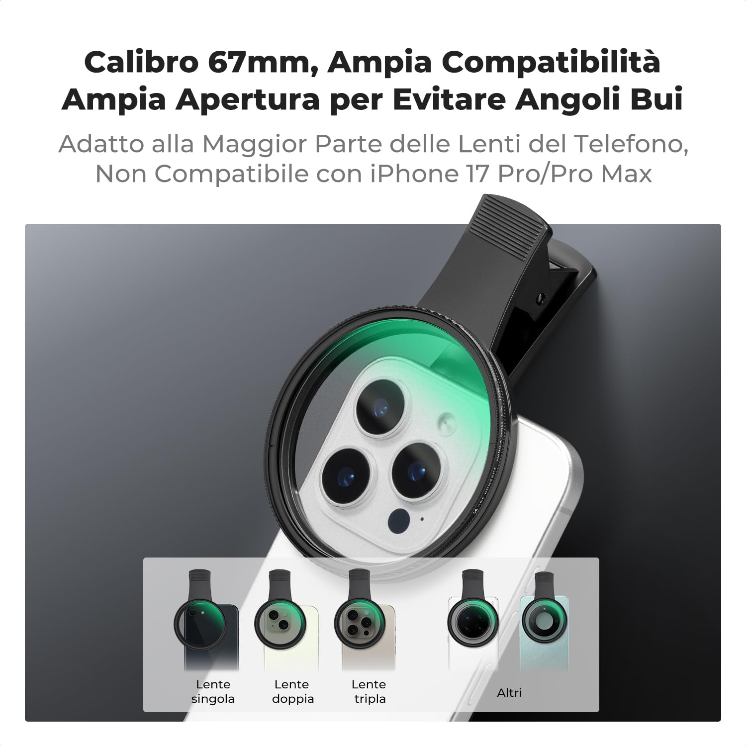 K&F CONCEPT 67mm Clip-on Filtro CPL con Un Panni di Puliziaper per Cellulare, Filtro Polarizzatore Circolare, 18 Strati di Nano Rivestimento, Compatibile con iPhone 17, Samsung e la Maggior Parte