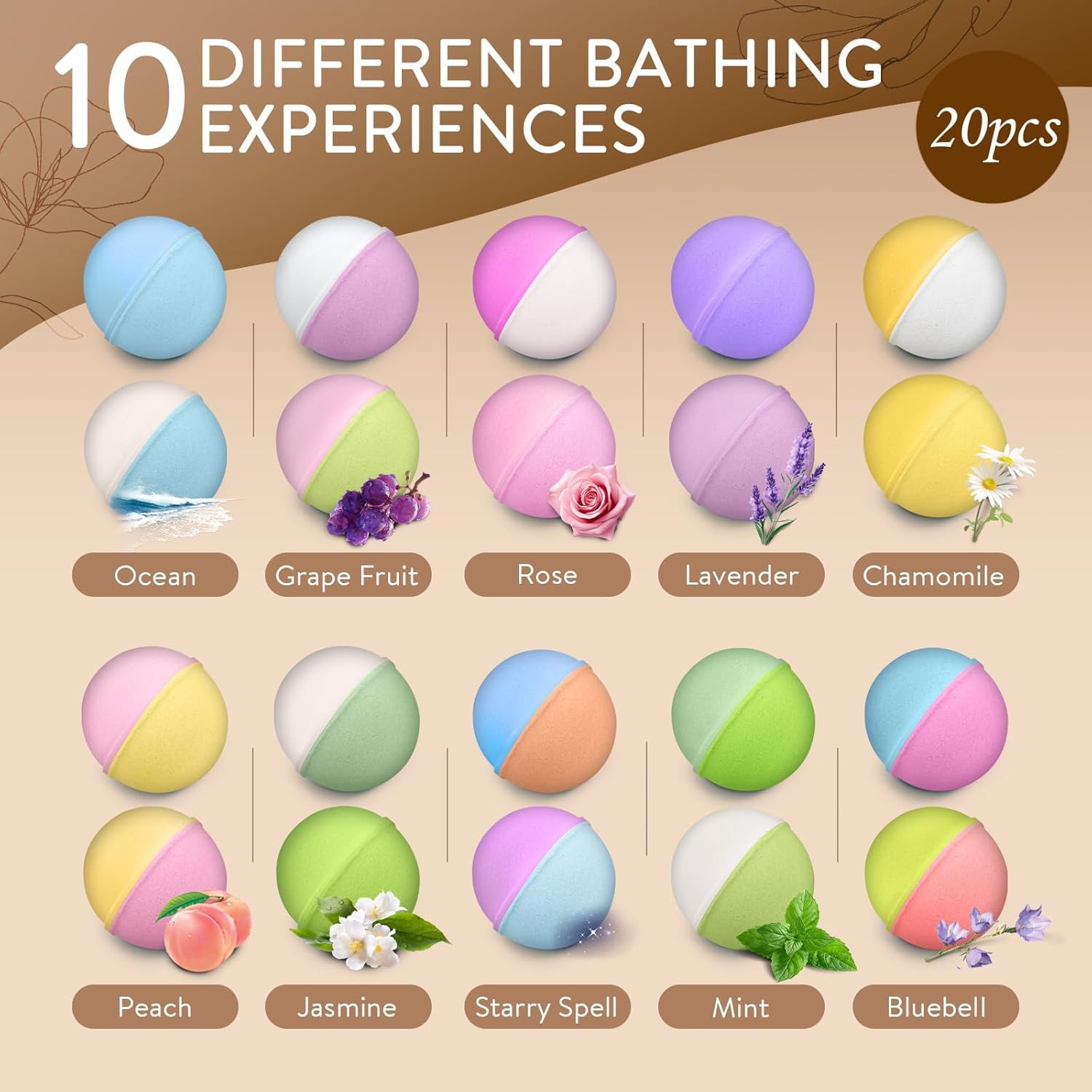 Bath Bombs for Women Gift Set, 20 Pcs Natural Bath Bombs with 10 Unique Scents, Handmade Fizzies with Shea Butter for Skin Moisturizing, Organic Relaxing Bubble Bath, Spa Gift for Mom Wife Girlfriend - Image 5