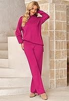 Vista 5 de Linsery Conjunto de suéter de 2 piezas para mujer, cuello alto, suéter de punto de pierna ancha, sudadera casual
