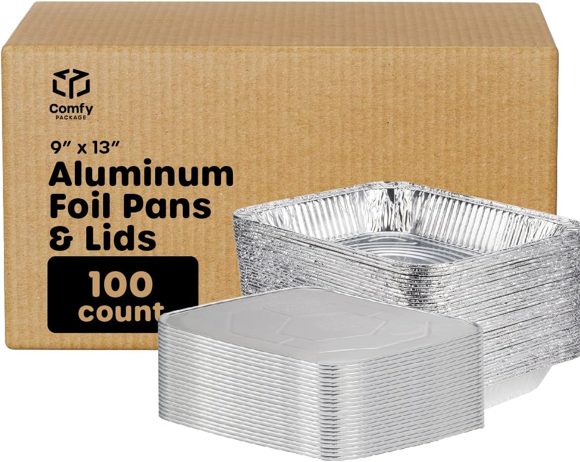 Comfy Package [Case of 100 9x13 Inch Aluminum Pans With Lids, Half Size Deep Steam Foil Pans with Lids - Table Pans for Baking, Cooking, Heating, Storing and Food Prepping (Formerly