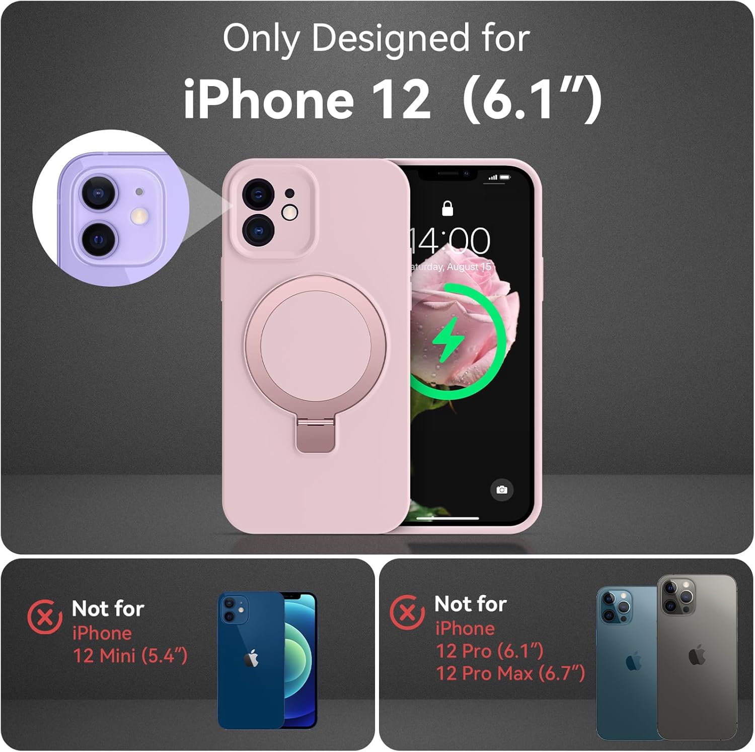 Compatible with iPhone 12 Case with Stand, Premium Slim Soft Liquid Silicone Phone Cases for iPhone 12 6.1" Compatible with MagSafe Magnetic Ring Kickstand Case Full Camera Protection, Pink