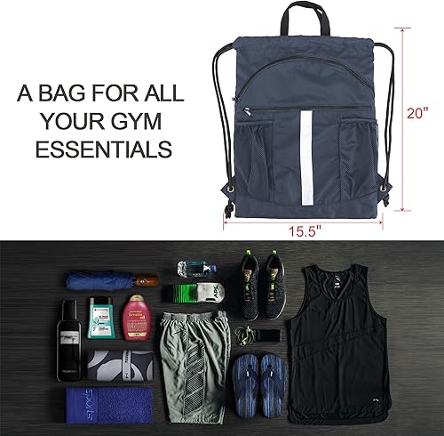 Miniatura 2 de BeeGreen Mochila con cordón y compartimento para zapatos, mochila negra grande para gimnasio y deportes