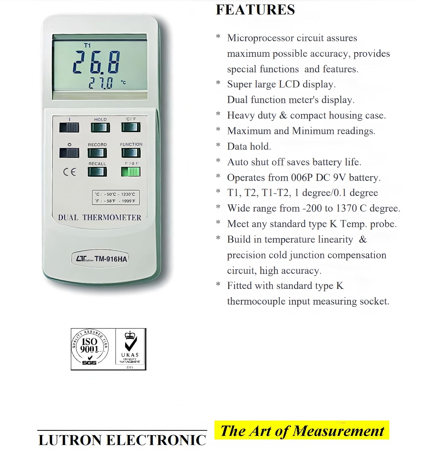 i-POOK THERMOMETER TM-916HA dual channel inputs high accuracy (±1% + 1℃) and resolution (0.1℃) wide temperature range from -200 to 1370℃ differential measurement made in Taiwan