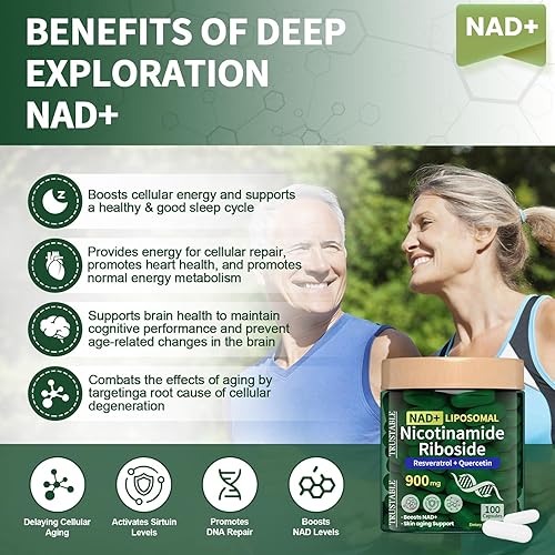 Miniatura 5 de Suplementos NAD para mujeres y hombres, ribósido liposomal de nicotinamida 900 mg, suplemento de resveratrol NAD, quercetina, suplemento NAD+ de
