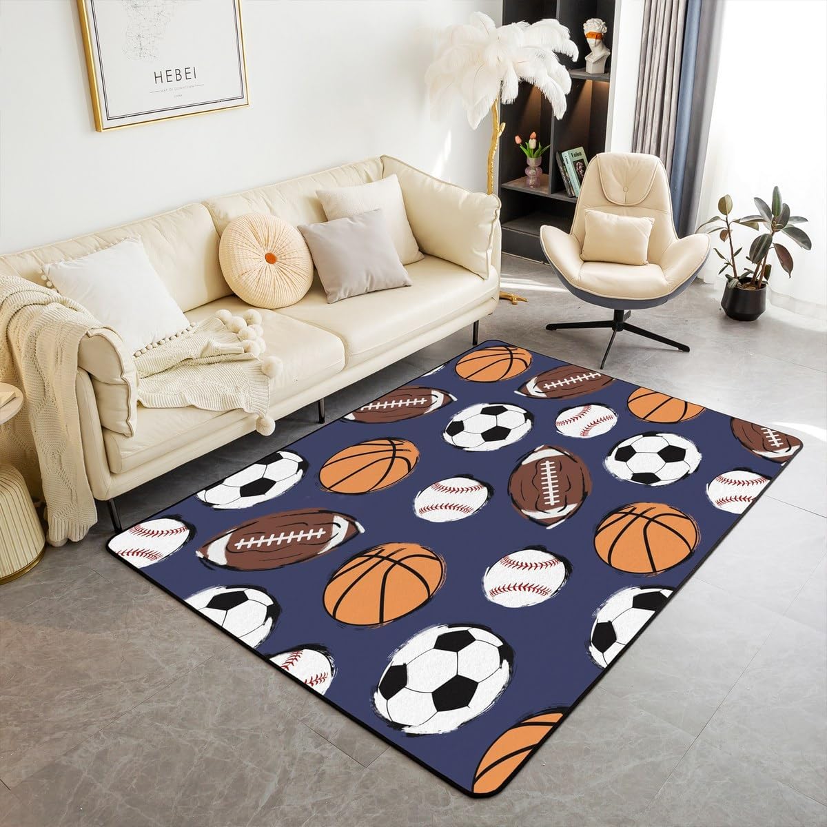 jejeloiu Football Baseball Basketball Area Rug 5x7 for Living Room Bedroom Rugs Kids Boys Girls Sports Geme Carpet Ball Gaming Indoor Floor Mat Bedroom Decor Soft Non-Slip Navy Blue