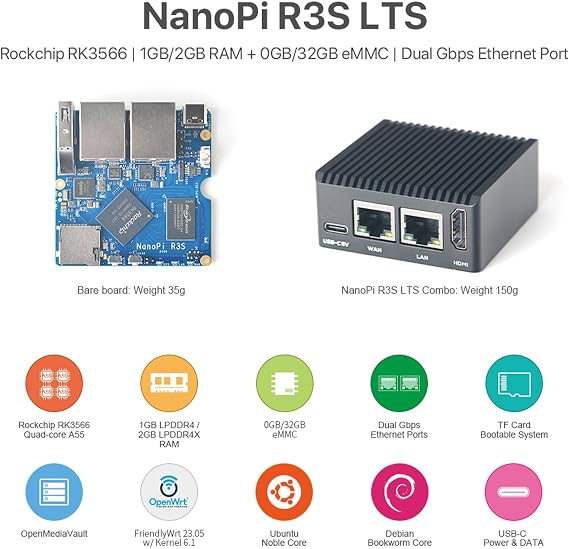 FriendlyElec Nanopi R3S-LTS SBC Mini Router, 1/2GB LPDDR4X, RK3566 Quad-Core, OpenWRT with Dual-Gbps Ethernet, for IOT NAS Smart Home Gateway, Portable Travel (Bare Board, 2GB RAM +0GB eMMC)