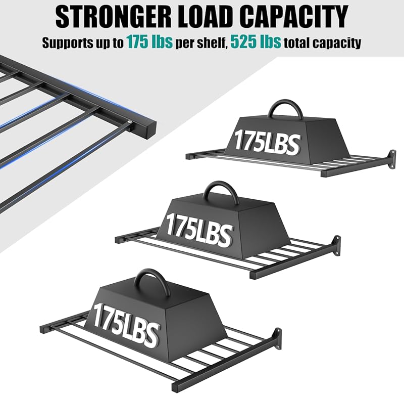 EVERHANGER Wall Mount Garage Storage Shelves, 33in x 24in Heavy Duty Shelf Organizer for Storage Bins, Power Tools, Holds 525lbs, 3 Pack Black