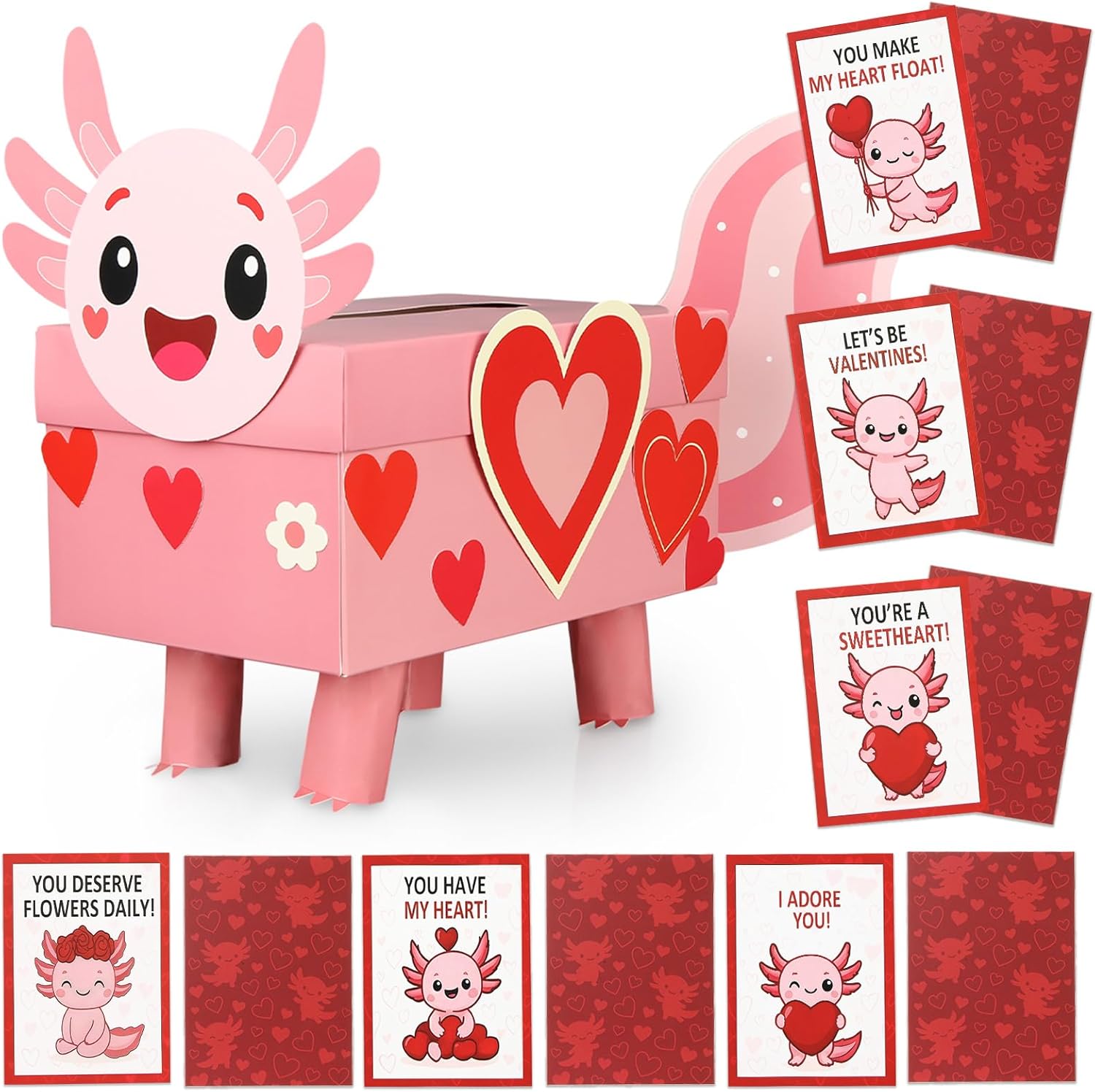 Motipuns Hexagonal Axolotl Valentine DIY Mailbox with 30 Cards Set for Boys Girls 18.9 x 11.22 x 7 Inches Card Box Kit for School Classroom Exchange, Valentine Party Favors Holiday Gift