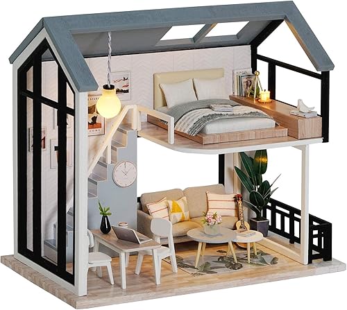 QL002 - Kit de casa de madera con muebles en miniatura para muñecas de bricolaje, kit de casa de muñecas de madera con cubierta antipolvo y