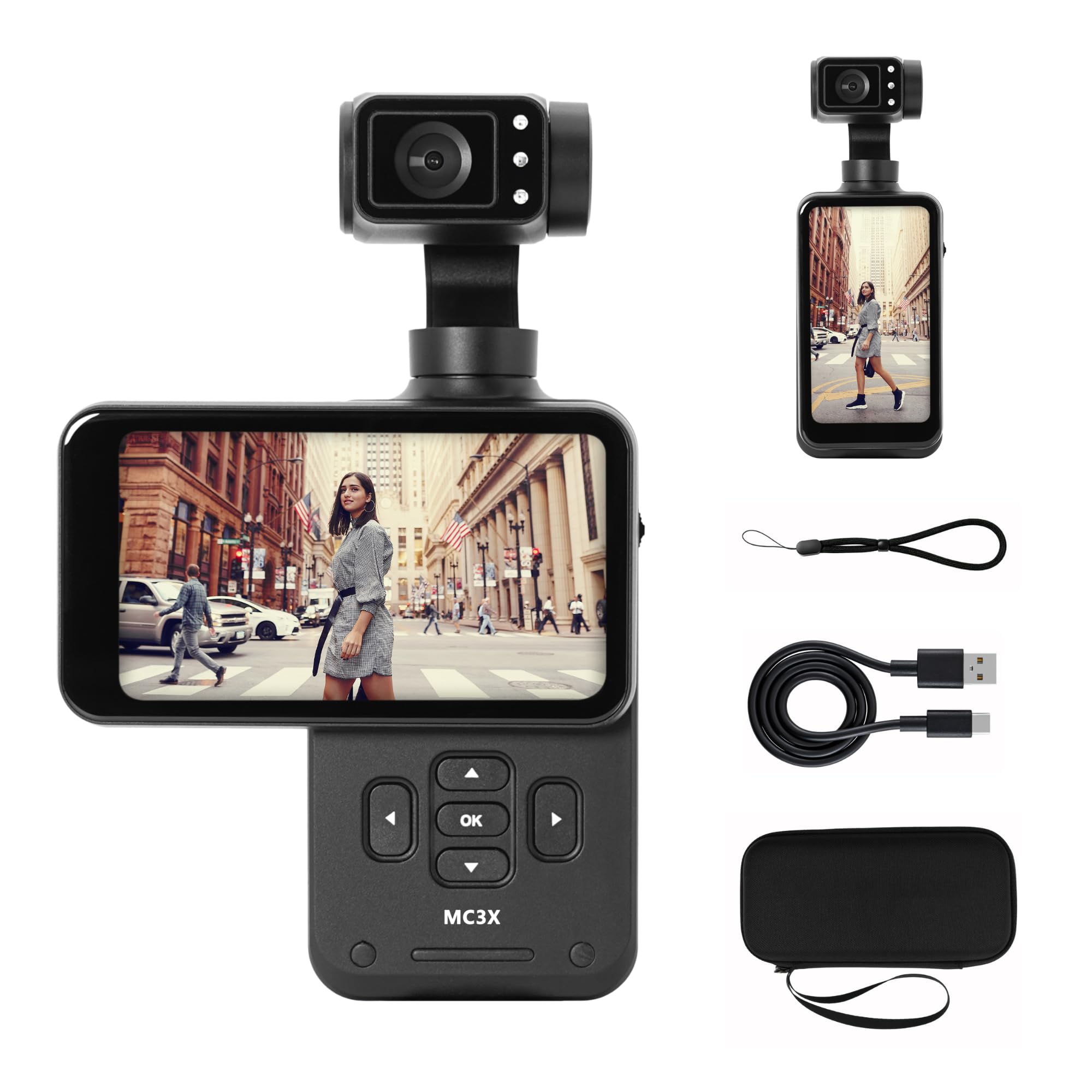 AGFA PHOTO Gimbal Realimove MC3X - Caméra Stabilisateur 3 Axes 4K Ultra HD, Écran Tactile Rotatif 3,5", 20 MP, Suivi de Visage, Vision Nocturne, Grand Angle 120°, Wi-FI, Autonomie 170 Min - Noir