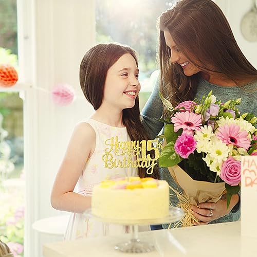 Miniatura 7 de 1 decoración de pastel de feliz cumpleaños número 15 con purpurina dorada para cumpleaños de 15 años, decoración de pastel de cumpleaños de 15 años,