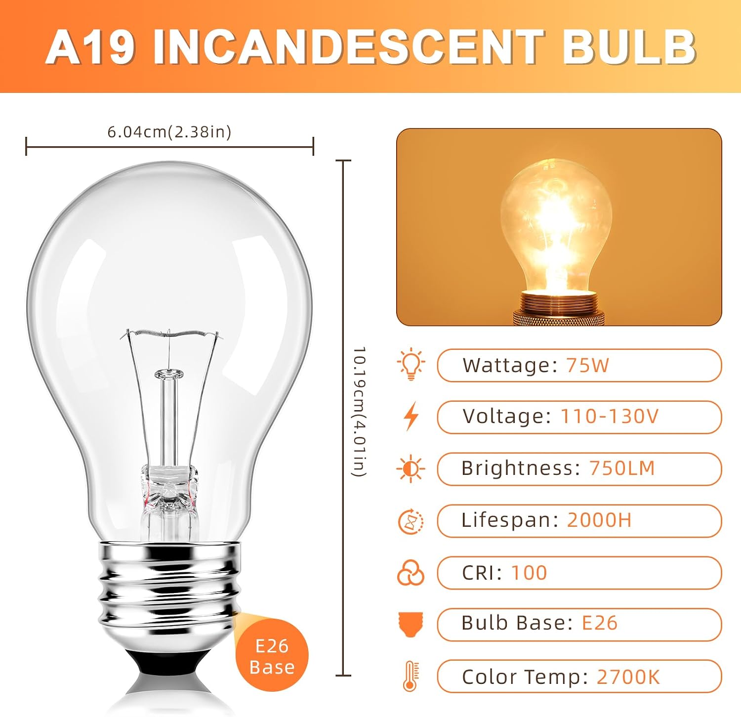 A19 75 Watt Incandescent Light Bulbs 75W Incandescent Shatter Resistant Rough Service Light Bulb A19 110-130V E26 Standard Base 2700K Warm White Dimmable Incandescent Light Bulb Pack of 2