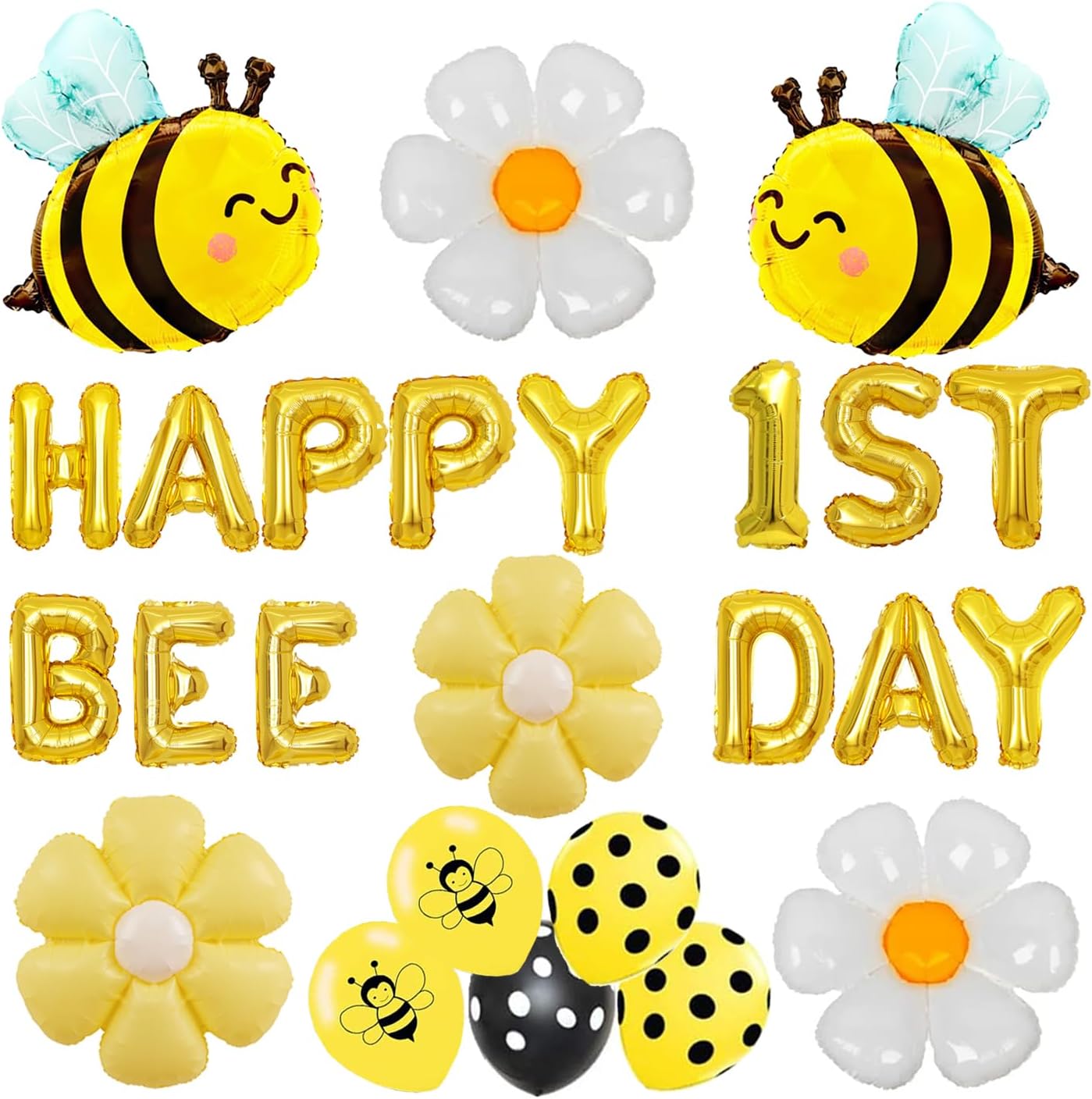 Happy 1st Bee Day Balloon Bee Themed Birthday Party Decorations, Happy Bee Day Balloons Banner, Yellow Bee Foil Balloons Daisy Mylar Foil Balloons for Boys Girls Happy 1st Bee Day Decoration