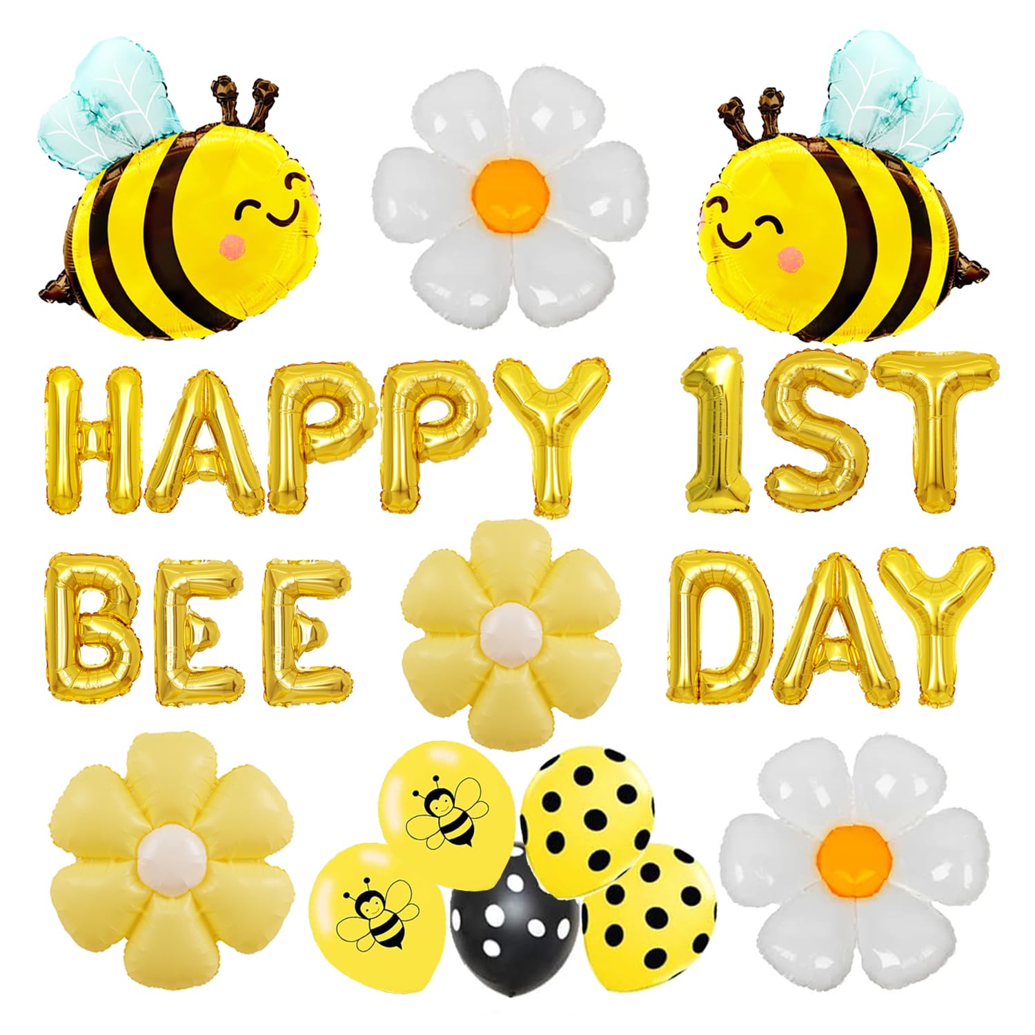 Finypa Happy 1st Bee Day Balloon Bee Themed Birthday Party Decorations, Happy Bee Day Balloons Banner, Yellow Bee Foil Balloons Daisy Mylar Foil Balloons for Boys Girls Happy 1st Bee Day Decoration